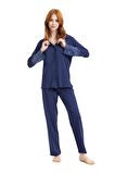 Kadın İnce Kolu Dantel Detaylı %100 Pamuklu Düğmeli Pijama Takımı 9319