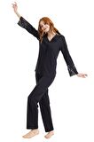 Kadın İnce Kolu Dantel Detaylı %100 Pamuklu Düğmeli Pijama Takımı 9319