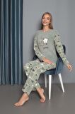 Yeni Sezon Sonbahar/Kış Kadın Welsoft Polar Yuvarlak Yaka Çiçek Desenli Kalın Pijama Takımı 30004
