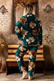 Sonbahar/Kış Welsoft Polar Düğmeli Yaprak Desenli Kadın Büyük/Battal Beden Pijama Takımı A200157