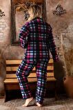 Sonbahar/Kış Welsoft Polar Düğmeli Ekose Desenli Kadın Büyük Beden Pijama Takımı P200127