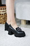 Kadın Kalın  Toka 8 cm  Platformlu Loafer Ayakkabı  siyah cilt
