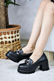 Kadın Kalın  Toka 8 cm  Platformlu Loafer Ayakkabı  siyah cilt