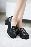 Kadın Kalın  Toka 8 cm  Platformlu Loafer Ayakkabı  siyah cilt