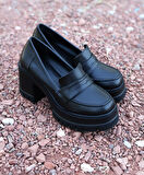 Kadın Tokasız 8 Cm Loafer Model Topuklu Ayakkabı  siyah cilt