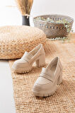 Kadın Tokasız 8 Cm Loafer Model Topuklu Ayakkabı  krem rugan