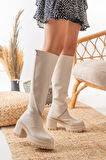 Kadın Döner Fermuarlı  Diz Boyu  Çizme  krem