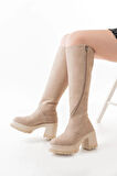 Kadın Döner Fermuarlı  Diz Boyu  Çizme  Bej Süet