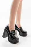 Kadın Mila Loafer Model 12 cm Platform Topuklu Ayakkabı  Siyah Rugan