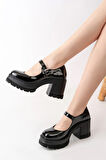 Tek Baletli Siyah Rugan 8 cm Topuklu Platformlu Loafer Ayakkabı  siyah