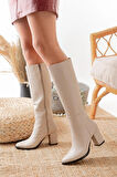 Kadın Lamor Yandan Fermuarlı Diz Altı Çizme  Krem cilt