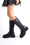 Kadın Kimbel Siyah Cilt Fermuarlı Kalın Taban Dizaltı Çizme 2303