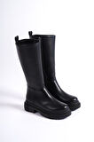 Kadın Kimbel Siyah Cilt Fermuarlı Kalın Taban Dizaltı Çizme 2303
