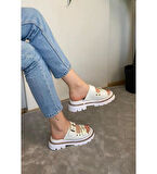 Kadın Çift Bant Kapsül Detaylı Kalın Taban Ortopedik Terlik  Beyaz