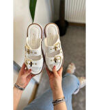 Kadın Çift Bant Kapsül Detaylı Kalın Taban Ortopedik Terlik  Beyaz