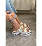 Kadın Çift Bant Kapsül Detaylı Kalın Taban Ortopedik Terlik  Beyaz