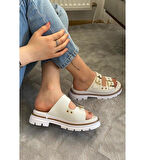 Kadın Çift Bant Kapsül Detaylı Kalın Taban Ortopedik Terlik  Beyaz