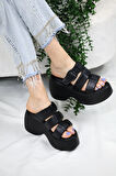 Kadın Mikeno Üç Biyeli Toka Detaylı Kalın Taban Ortopedik Terlik  Siyah