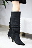 Kadın OSLO Topuklu Büzgülü Şık Tarz Günlük Rahat Çizme  Siyah Süet