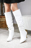 Kadın OSLO Topuklu Büzgülü Şık Tarz Günlük Rahat Çizme  Beyaz