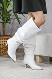 Kadın OSLO Topuklu Büzgülü Şık Tarz Günlük Rahat Çizme  Beyaz