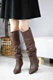 Kadın OSLO Topuklu Büzgülü Şık Tarz Günlük Rahat Çizme  Kahverengi