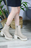 Kadın Leysi 8 Cm Platformlu Topuklu Fermuarlı Bot  Bej Süet