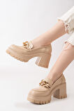 Kadın Zincir Tokalı 8 cm Topuklu Platformlu Ayakkabı  Bej