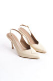 Kadın Soci Krem Rugan 9 Cm İnce Topuklu Sivri Burunlu Arkası Acık Tasarım Stiletto