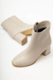 Kadın Marta Bej Cilt Kalın Topuklu Yumurta  Burun Fermuarlı Bot
