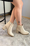 Kadın Mabel Krem Deri  Tokalı ( 6 cm ) Topuklu Oval Burun Bot