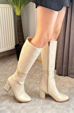 Kadın Mikeno Tokalı Yandan Fermuarlı Diz Altı Çizme  Krem