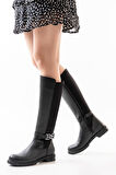Kadın Lora Tokalı Dalgıç Kumaş Düz Taban Çizme  Siyah