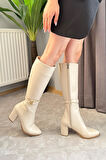 Kadın Lara Yandan Fermuarlı Diz Altı Çizme  Krem