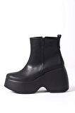 Kadın Celsi Siyah Yandan Fermuarlı 9 cm Yüksek Dolgu Topuklu Mevsimlik Kadın Kısa Bot Bootie
