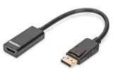 Digitus DisplayPort (DP)  HDMI Adaptörü, Kablolu, DP Erkek - HDMI Tip A Dişi, AWG: 28, çift kat zırhlı, 0.15 metre, kilit mekanizmalı, DP 1.1a uyumlu, siyah renk
Digitus DisplayPort Adapter Cable, DP - HDMI type A M/F, 0.15m,w/inte