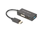 DisplayPort (DP) Çeviricisi/3 in 1 Multi-Media Kablosu
Kablolu, 0.20 metre
DP Erkek  HDMI Dişi + DVI Dişi + VGA Dişi
Siyah renk, altın kaplama