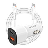 S-LINK SL-EC38PD TypeC to TypeC Kablolu 38W PD + USB QC3.0 Beyaz Araç Şarj Cihazı