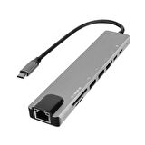 HYTECH HY-USBC82 4K@30Hz Gri Metal 2xUSB3.0, 1xUSB2.0, 1000Mbps PD, TypeC Data, SD/TF Kart Okuyucu Type C Adaptör