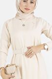 Pilise Detaylı Kemerli Elbise-Bej