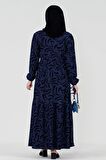 Lale Beli Kuşaklı Tesettür Elbise-Saks Mavi