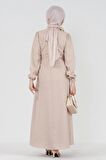 Yanı Bağcıklı Keten Elbise-Bej