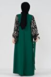 Kolları Desenli Tesettür Elbise-Zümrüt Yeşili