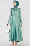 Önü Taş Baskılı Saten Abiye-Mint Yeşili