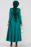 Önü Taş Baskılı Saten Abiye-Turkuaz