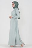 Omuzu İşlemeli Beli Kuşaklı Tesettür Elbise-Mint Yeşili