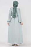 Omuzu İşlemeli Beli Kuşaklı Tesettür Elbise-Mint Yeşili