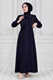 İnci Çakım Önü Düğmeli Keten Elbise-Lacivert