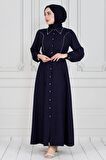 İnci Çakım Önü Düğmeli Keten Elbise-Lacivert