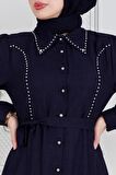 İnci Çakım Önü Düğmeli Keten Elbise-Lacivert